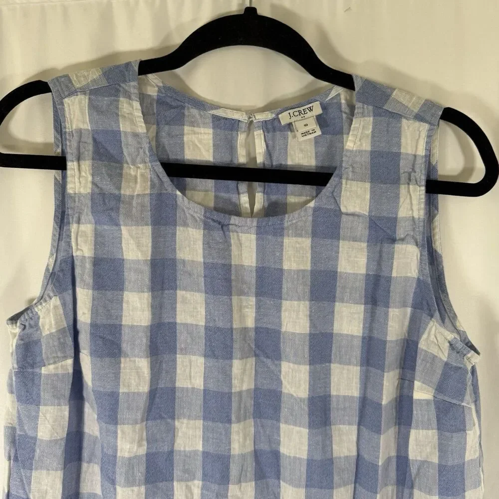 J. Crew Tank Top Women's 10 Blue White Plaid Linen Cotton Blued Tie Bottom